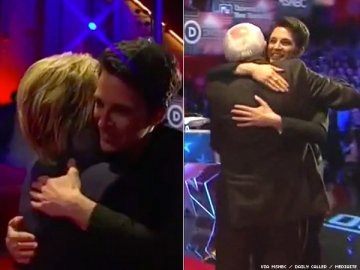 Rachel Maddow hugs Hillary Clinton and Bernie Sanders